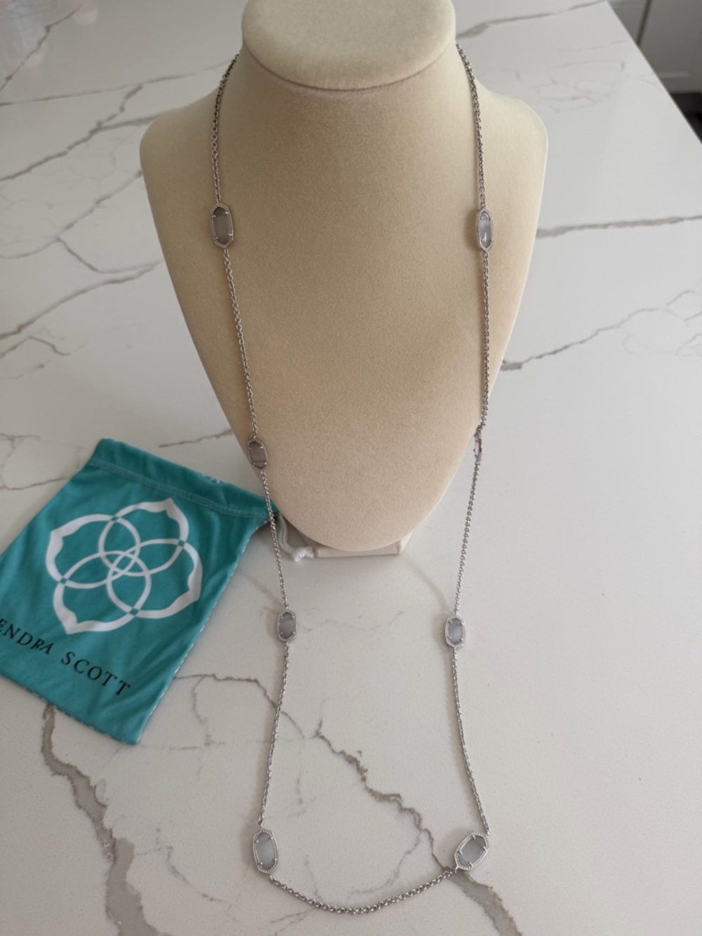 Kendra Scott Silver Long Station Necklace with Light Gray Stones